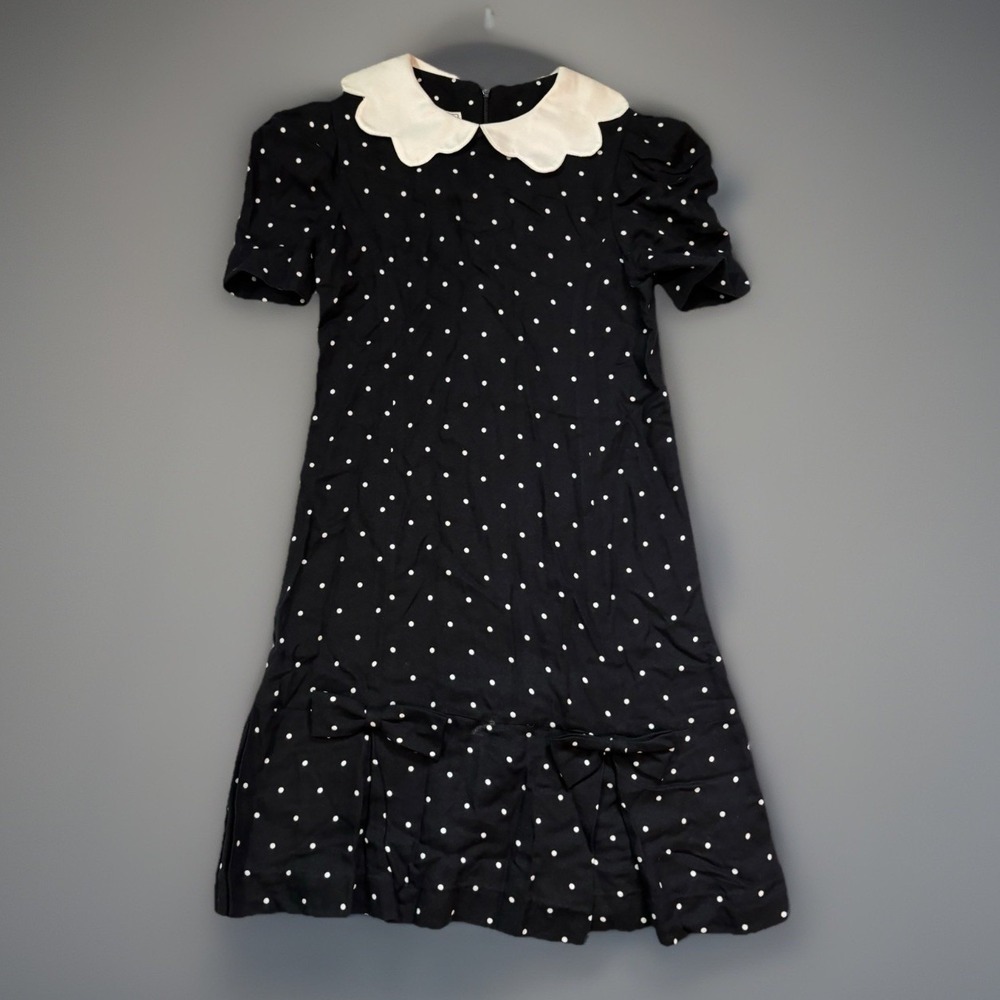 VTG Dunleavy 70s black & white polkadot‎ girls dress w/ scalloped Neckline SZ 8